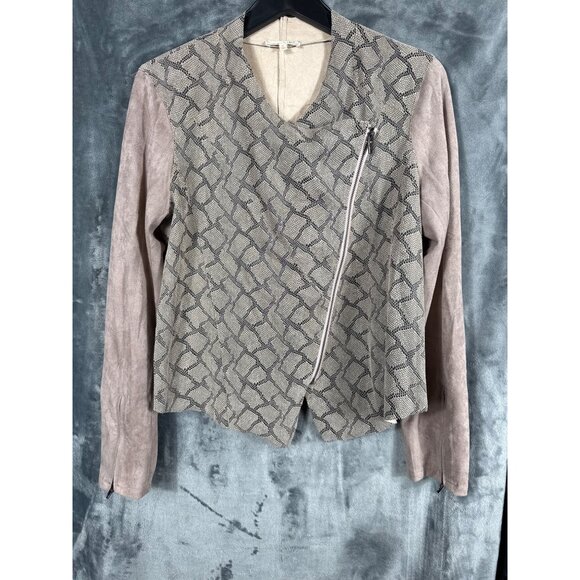 Mystree Womens Faux Suede & Snake Print Jacket With Asymmetrical Zipper - Medium - Picture 1 of 12